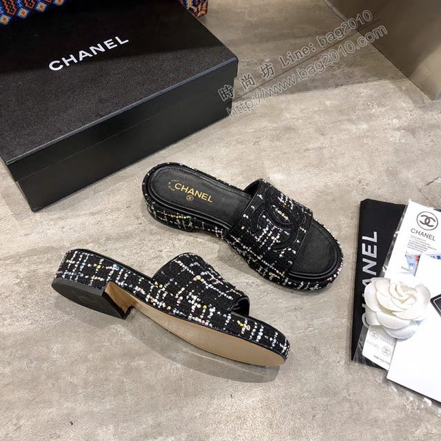 Chanel女鞋 香奈兒2020ss春夏新品 小香蜜兒一字菱格電繡logo拖鞋  naq1190